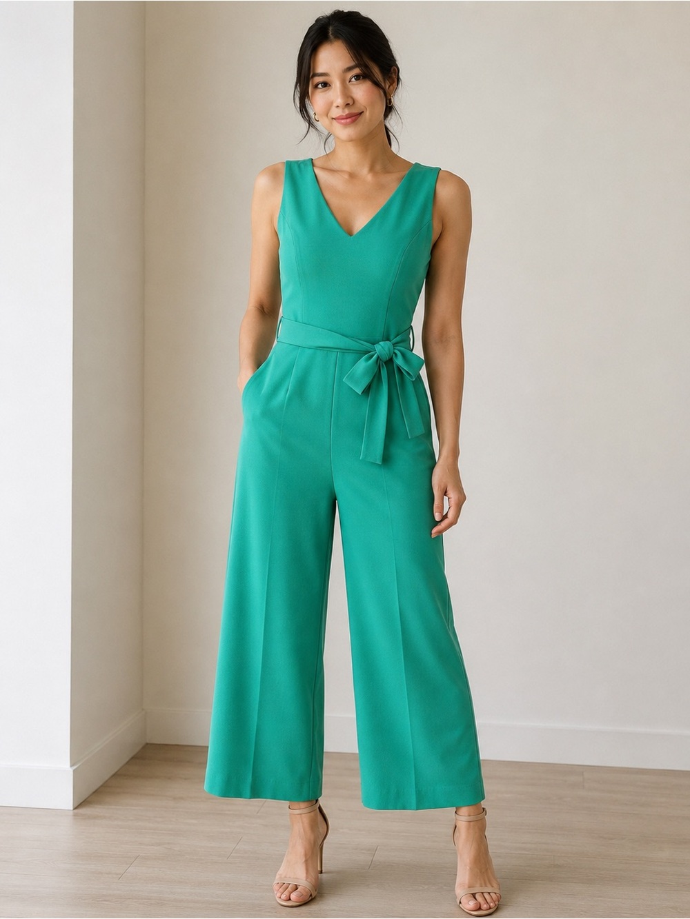 Sleeveless V-Neck Green Wide-Leg Jumpsuit with Tie Belt (Petite)